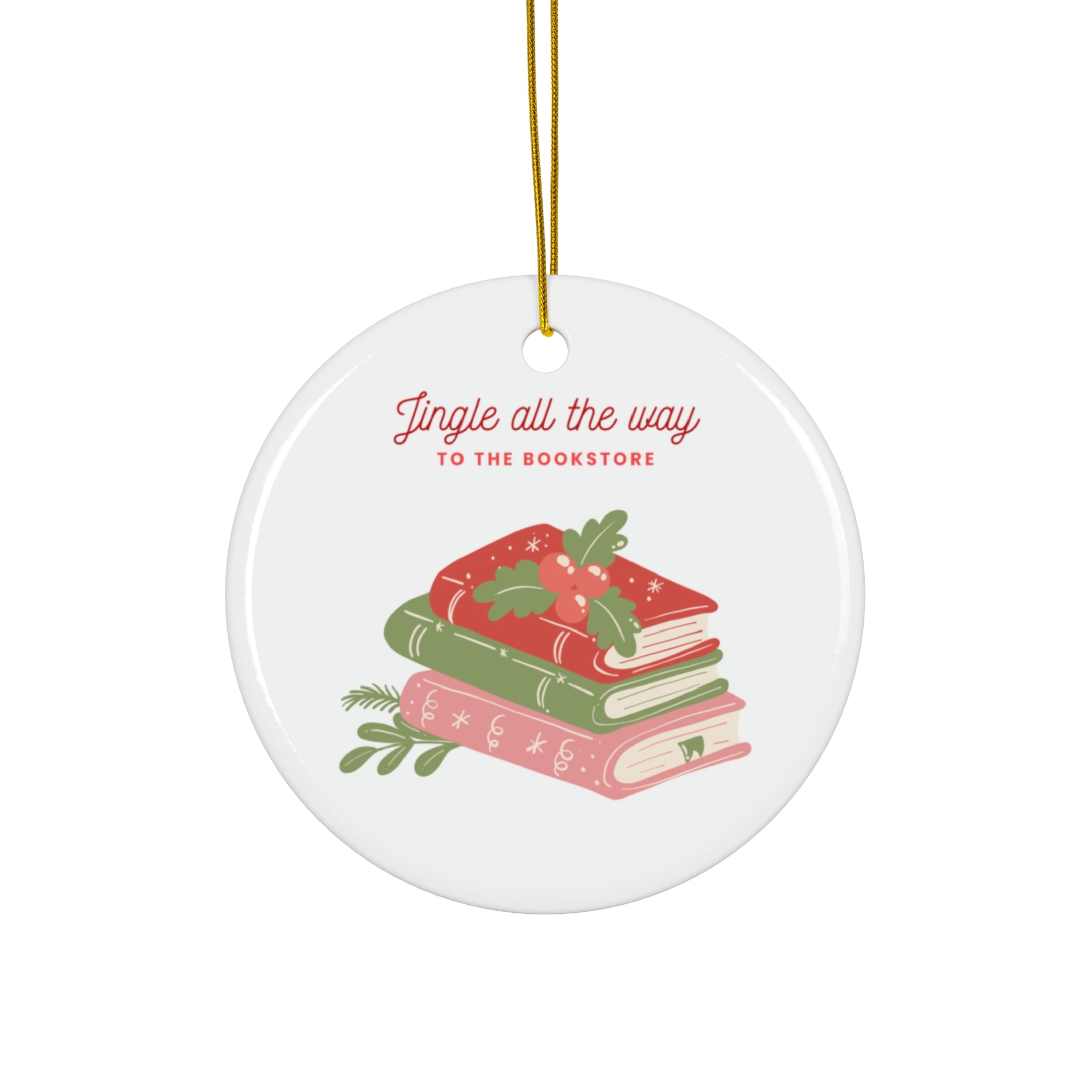 Book Lover's Holiday Ornament, Ceramic Decoration, Christmas Gift, Jingle All The Way, Reading Enthusiast, Tree Decor